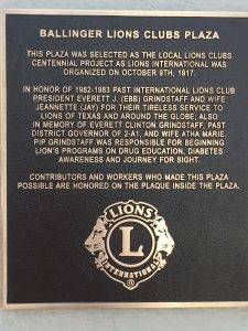 Plaque denoting the newly formed Ballinger Lions Club Plaza. The plaza was part of the Centennial Project.